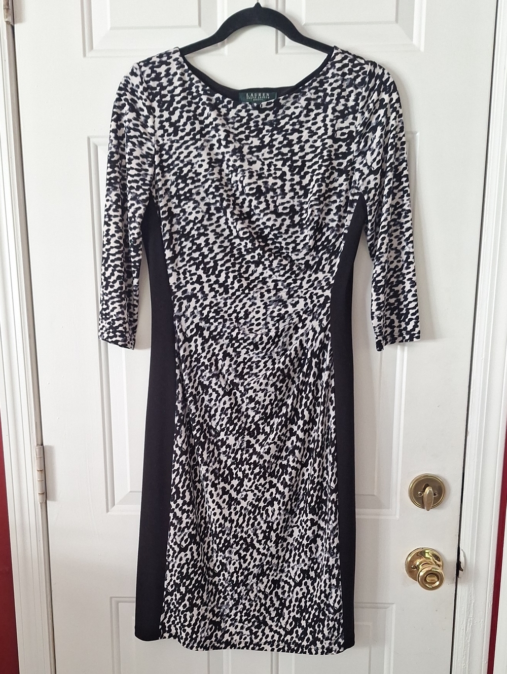 Lauren Ralph Lauren Black and White Printed Sheath Dress with Side Panels
